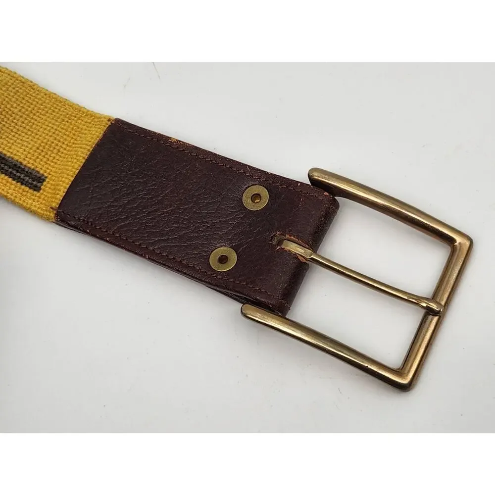 Leather Yellow Needlepoint Belt Brass Buckle CSP, Hunting, Gavel, Tenis, 40''L